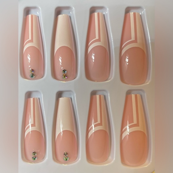 24pc Nail Kit Long White Abstract French Tip Press On Nails| Line Work Nails - Picture 2 of 2
